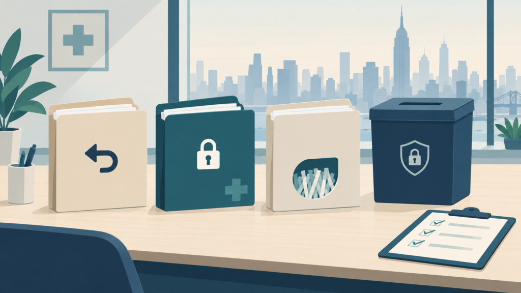 Illustration of consulting folders marked for return, protected retention, and shredding beside a secure collection container and New York skyline
